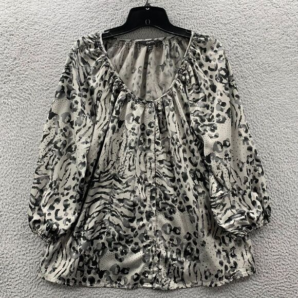 EXPRESS Blouse Womens Medium Top Long Sleeve Gray Black - Picture 1 of 8